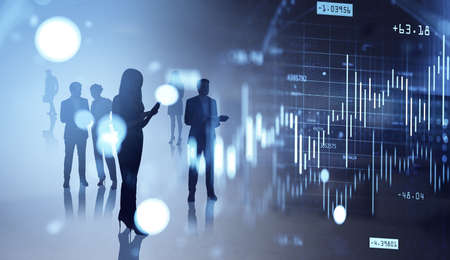 Business people silhouettes working together, have a conversation and using gadgets. Double exposure...