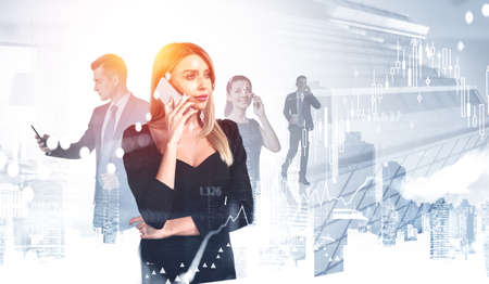 Office woman calling on the smartphone, stock market changes and candlesticks forex graph chart. Double exposure of skyscrapers and people working together. Concept of finance and technologyの写真素材