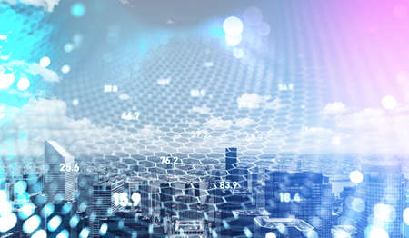 Cryptocurrency hologram with cells and chains, network in company, blue and violet bokeh....