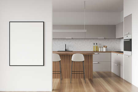 White dining room interior with seats, kitchen set with table and appliances on deck, parquet floor....