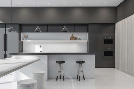 Black and white cooking interior with two bar chairs and eating table on concrete, front view....
