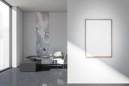 Hallway with mockup on wall and office desk on background. Modern interior design, using gray tiled...