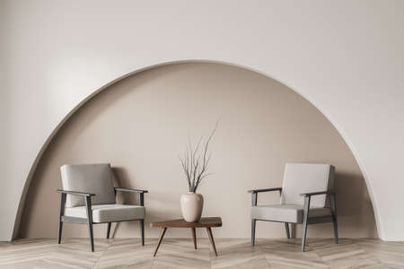 Light reading room interior with two armchairs and coffee table with vase with dried flower, parquet...