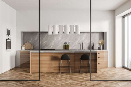 Wooden cooking interior with two bar chairs and table, sink and kitchenware, front view, parquet floor. Luxury kitchen with minimalist furniture, 3D renderingの写真素材