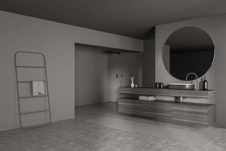 Dark bathing room interior with sink and accessories on wooden deck, side view. Shower in the corner and gray concrete floor, towel on ladder, 3D renderingの写真素材