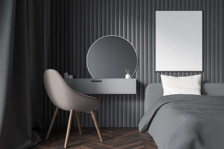 Sleeping room interior with bed, armchair and dressing table, parquet floor. Blank mock up frame on gray wall, 3D renderingの写真素材