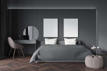 Wooden bedroom interior with bed and workplace with laptop and mirror. Parquet floor with nightstand and puff. Two blank mock up canvas in row, 3D renderingの写真素材