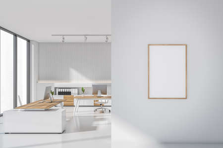 Bright office room interior with empty white poster, two desks, armchairs, desktop, panoramic window with skyscraper view and concrete floor. Place for working process. Minimalist design. 3d renderingの写真素材