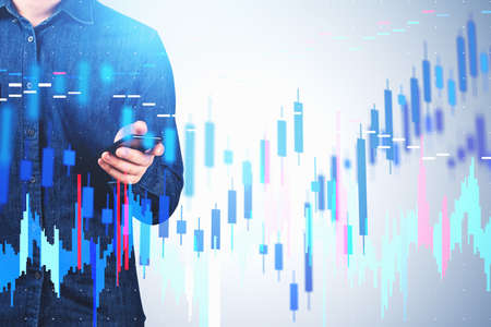Man hand touch smartphone, double exposure with forex bar chart dynamics, stock market changes with...