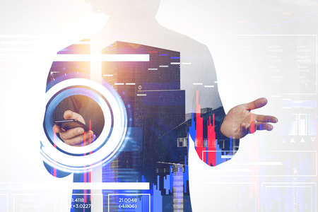 Office man hand using mobile phone, double exposure with big data storage and icons, cyber protection and programming, building and silhouette. Concept of online tradingの写真素材