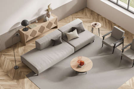 Top view on bright living room interior with large brown sofa, two cozy armchairs, carpet, pillows,...