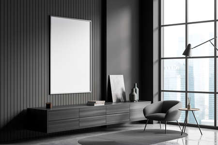 Reading room interior with seat and lamp, black commode with books and decoration, gray concrete...