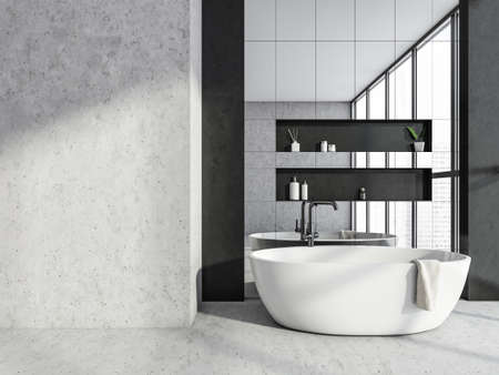 Modern white ceramic bathtub in gray concrete look interior design, using two niche shelves, empty wall and mirror tiles. Concept of two tone bathroom space. 3d renderingの写真素材