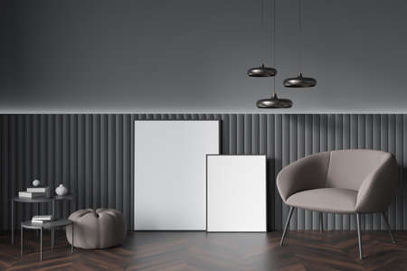 Relaxing room interior with seat and lamps, two coffee tables with decoration on parquet floor. Two...
