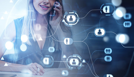 Office woman calling on the phone with pen in hand, closeup. Person icons, glowing hud hologram with...