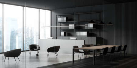 Waiting room interior with reception desk and pc, gray concrete floor. Waiting space with seats and...