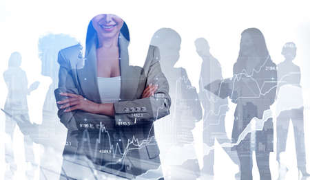 Office people silhouettes, woman with confident look. Stock market graph changes, double exposure,...