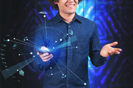 Office man smiling and using mobile app, hud with data storage hologram and lines with icons, global...