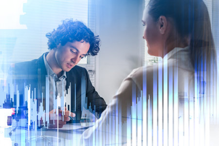 Two colleagues on a financial conference, take note and communicate. Double exposure of blue and...