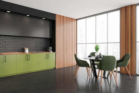 Modern dining interior with four seats and round table with dishes on tiled floor, side view,...