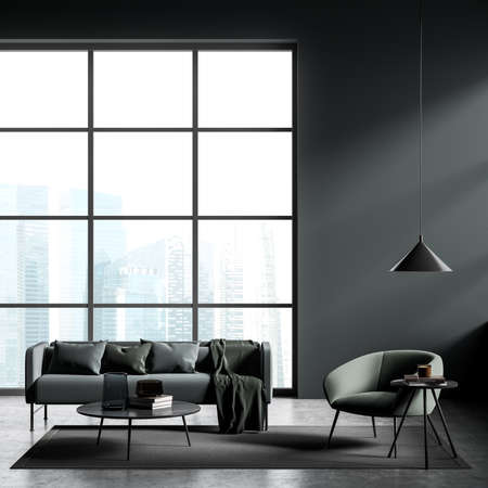 Dark reading room interior with seats and coffee table with decoration, carpet and gray concrete...