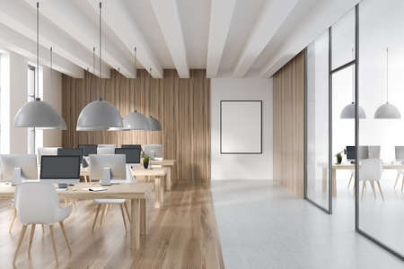 White wooden business room interior with chairs, table with pc, private manager room behind glass...