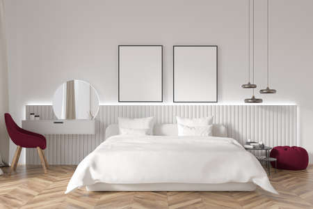Bright bedroom interior with two empty white posters, bed, coffee table, and oak wooden parquet floor. Concept of minimalist design. Comfortable place for sleep. Mock up. 3d renderingの写真素材