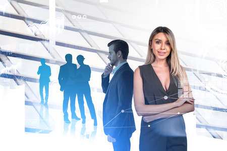 Businesswoman with confident look, financial chart and icons with data information, business analysis. Double exposure of people thinking, working together. Concept of partnershipの写真素材