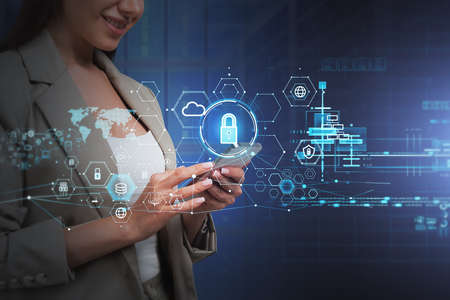 Office woman with smartphone, smiling, double exposure hud with big data storage and padlock with...