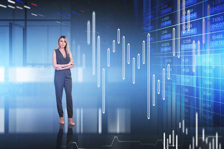 Boss woman near stock market hologram hud and candlesticks. Business graphs and bar chart, double...