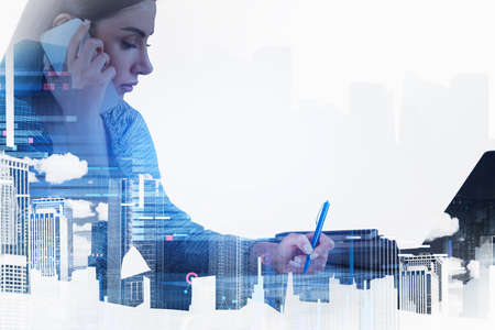 Boss woman call on the phone, sign a contract with pen in hand. Panoramic city view with financial...