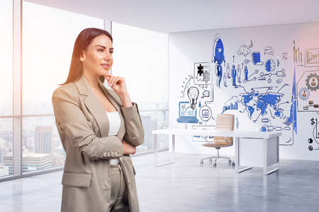 Boss woman in beige suit thinking and inspired in her office room. Earth map sketch on wall and...