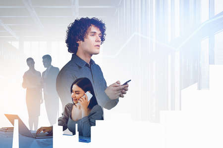 Businessman and businesswoman using technology, people silhouette working together in company. Woman call on the phone, man with pensive look, growing lines. Concept of cooperationの写真素材