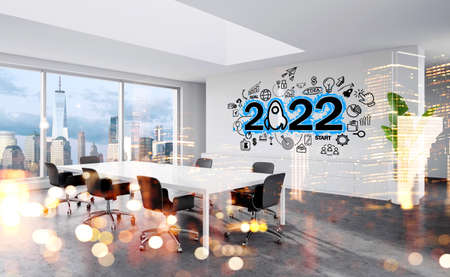 Meeting room interior, side view, window with New York, double exposure with night skyscrapers....