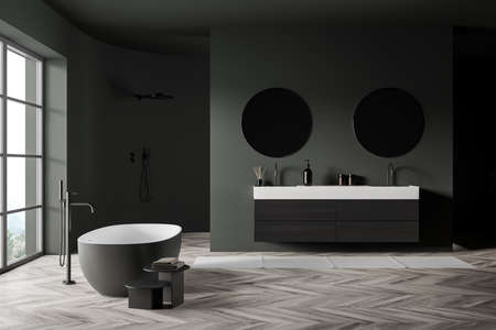 Dark green bathing room interior with tub and two sinks with mirror, douche on background. Foot towel on parquet floor, shelf with accessories, window with countryside, 3D renderingの写真素材