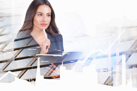 Office woman pensive look, holding business book in hand, thinking. Double exposure with growing...