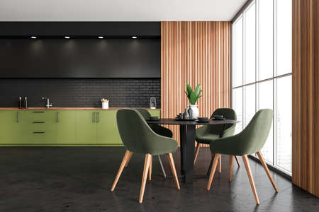 Modern dining interior with four seats and round table with dishes on tiled floor, panoramic window...