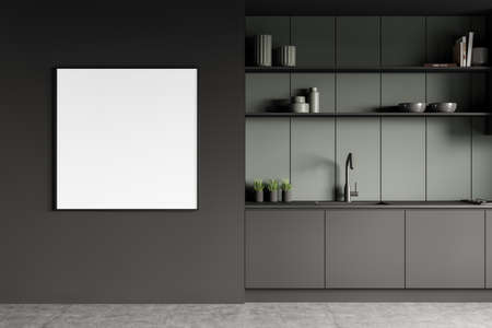 Square mockup next to gray and green kitchen cabinet with two open shelves. Concept of modern...