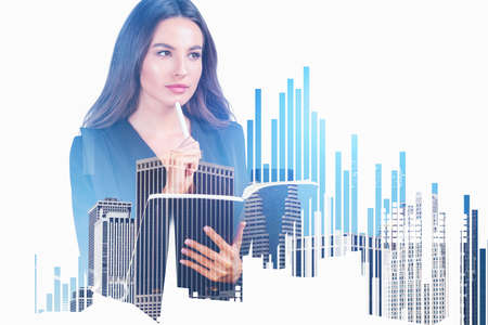 Boss woman pensive look with business book in hand, stock market bar chart. Business graphs and...