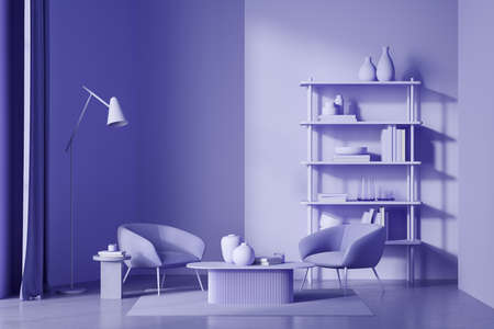 Stylish bright guest room interior with two armchairs and coffee table on carpet, shelf rack with books and vase, concrete floor. Relaxing space with furniture and lamp, 3D renderingの写真素材