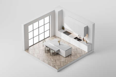 Isometric top view of dining interior with three seats and table on parquet floor, panoramic window. Light kitchen set with minimalist furniture. 3D renderingの写真素材
