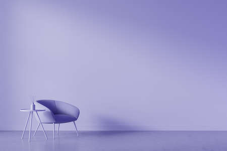 Stylish violet exhibition interior with seat, coffee table with reed diffuser, guest room with...