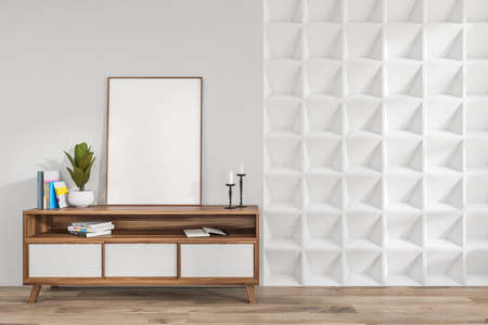 Art room interior with wooden commode, books with plant in pot and candle, parquet floor. Mock up...