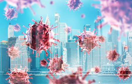 Omicron floating hologram, virus and New York City with skyscrapers. Office buildings and quarantine, financial center. Concept of business and coronavirusの写真素材