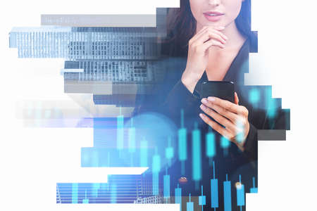 Woman hands with phone closeup, thoughtful. Blue glowing stock market candlesticks, city skyscrapers...