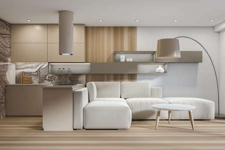 White and beige living room combo with on trend lamp, L-sofa, minimalist kitchen cabinet, pairing...