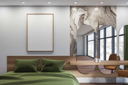 Frame mockup on white wall over green bed in modern elegant bedroom interior with marble detail,...