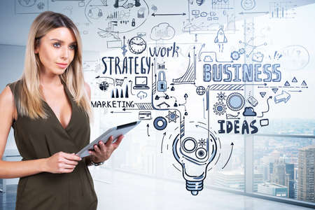 Office woman using device, pensive look. Doodle startup sketch icons, overlay, New York city view and office room. Business plan with project details. Concept of planningの写真素材