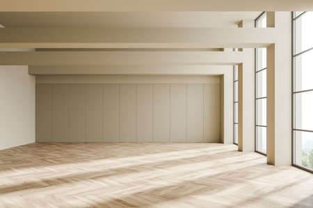Light hall in apartment with wooden floor and beige wall, front view, empty open space room with...