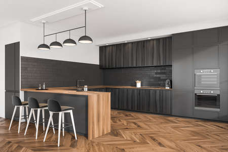 Stylish cooking interior with three bar chairs and wooden table, stove and oven with kitchenware,...